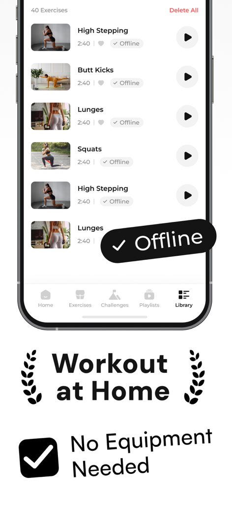 Butt Workout - BootyQ - Interfaz de la aplicación BootyQ que muestra ejercicios de glúteos sin conexión para entrenamientos en casa sin equipo