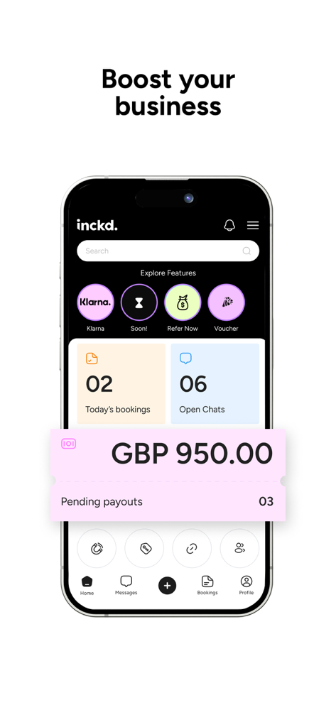inckd. - Inckd app dashboard for tattoo artists showing daily bookings open chats and pending financial payouts