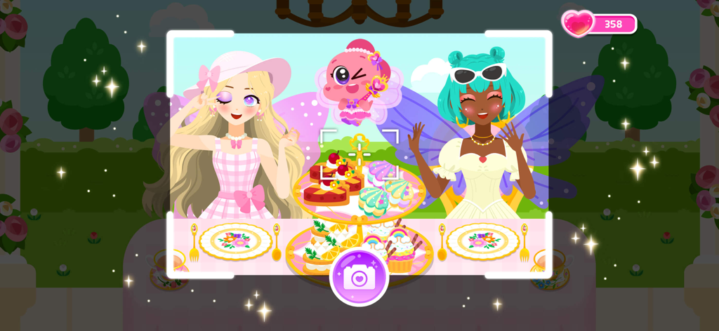 Cocobi Princess Party -Dressup - Dos princesas y un hada tomando el té con postres en un jardín.