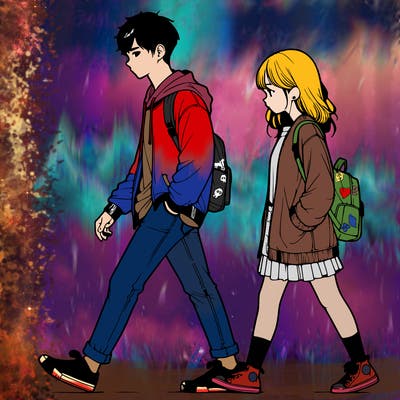 a guy and a girl walking realistic