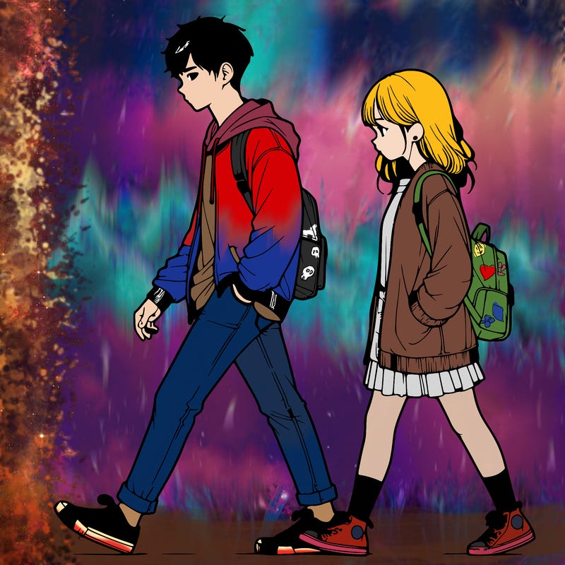 a guy and a girl walking realistic