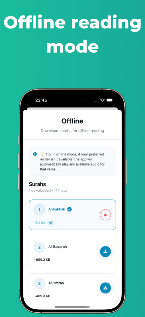 Screenshot of the Holy Quran app showing the offline reading mode where users can download surahs for offline access.