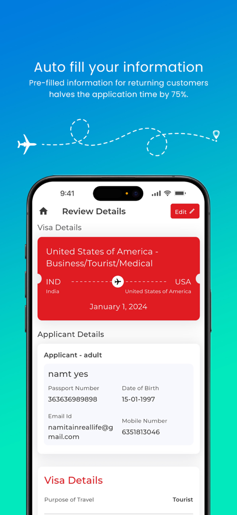 OneVasco – Online Visa Service - Smartphone affichant l'écran des détails de révision de l'application OneVasco avec les informations pré-remplies du demandeur pour un visa américain depuis l'Inde
