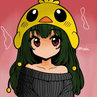 anime girl with chick shaped hat with sweater with bare shoulders with bangs covering them one eye with low tail