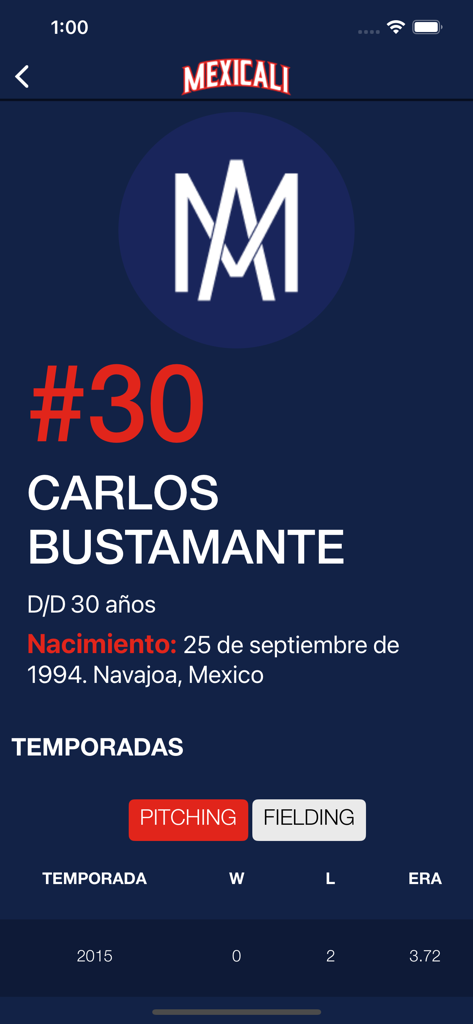 LAMP mx - Player profile screen of Carlos Bustamante in the LAMP mx app featuring baseball pitching statistics