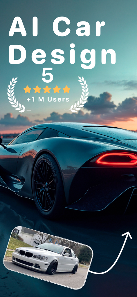 Captura de pantalla de la aplicación AI Car Design que muestra una vista previa de modificación de coche con valoraciones de usuario y comparación con la foto original