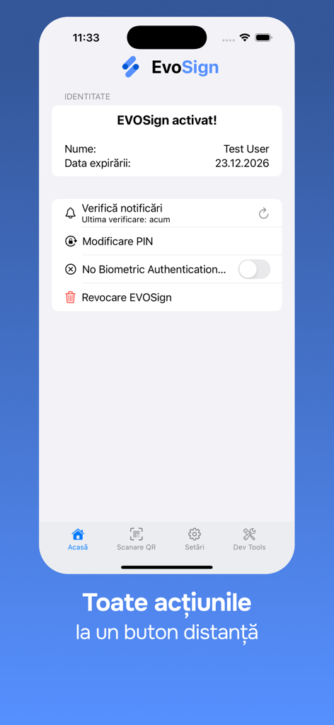 EVOSign (autentificare) - EVOSign-Mobile-App-Dashboard, das ein aktives Benutzerkonto und das Verwaltungsmenü anzeigt