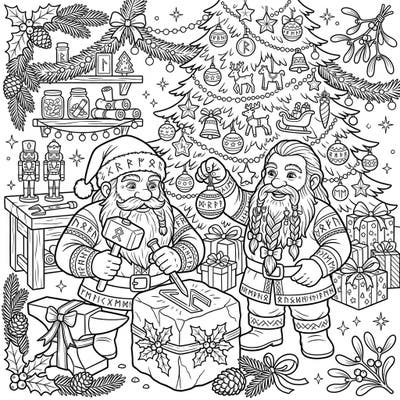Step into a whimsical workshop where two skilled Dwarf Runesmiths are crafting holiday magic, surrounded by festive Christmas decorations. This intricate coloring page invites you to bring their Yuletide preparations to vibrant life.