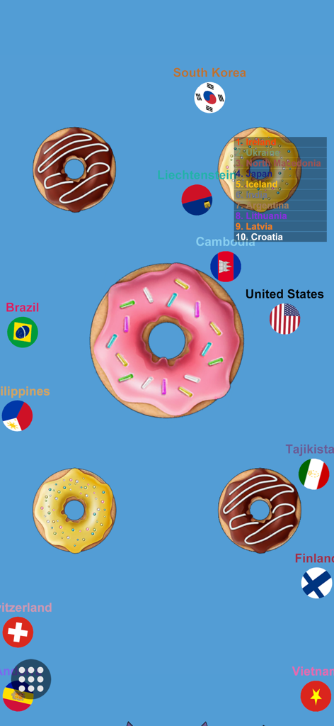 Marble Race Country - Country flags navigating donut obstacles in a physics-based marble race