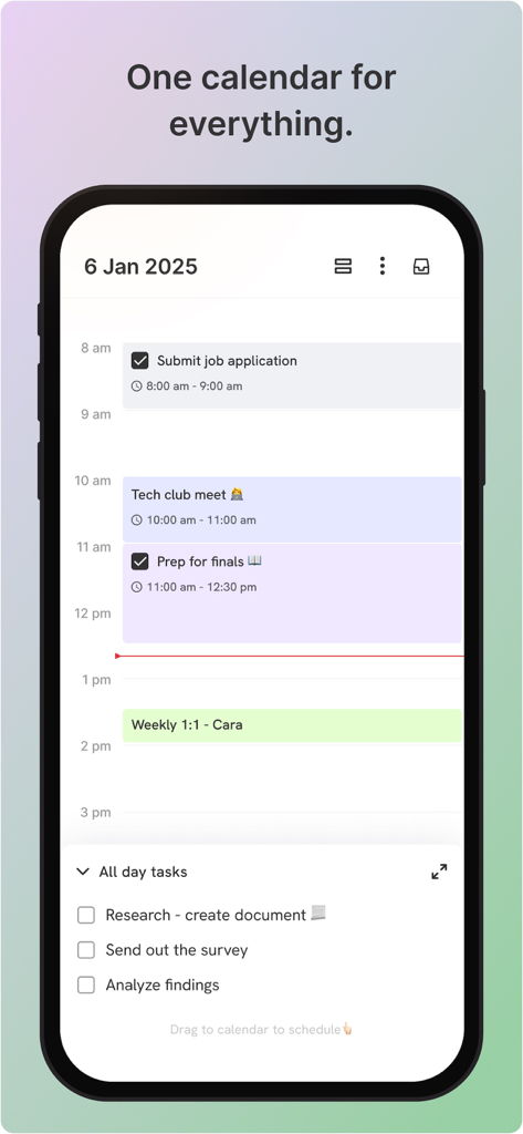 ByDesign: ToDo List & Calendar - Captura de pantalla de la aplicación ByDesign que muestra una vista de calendario diario con tareas gestionadas por tiempo y una lista de verificación para objetivos de todo el día.