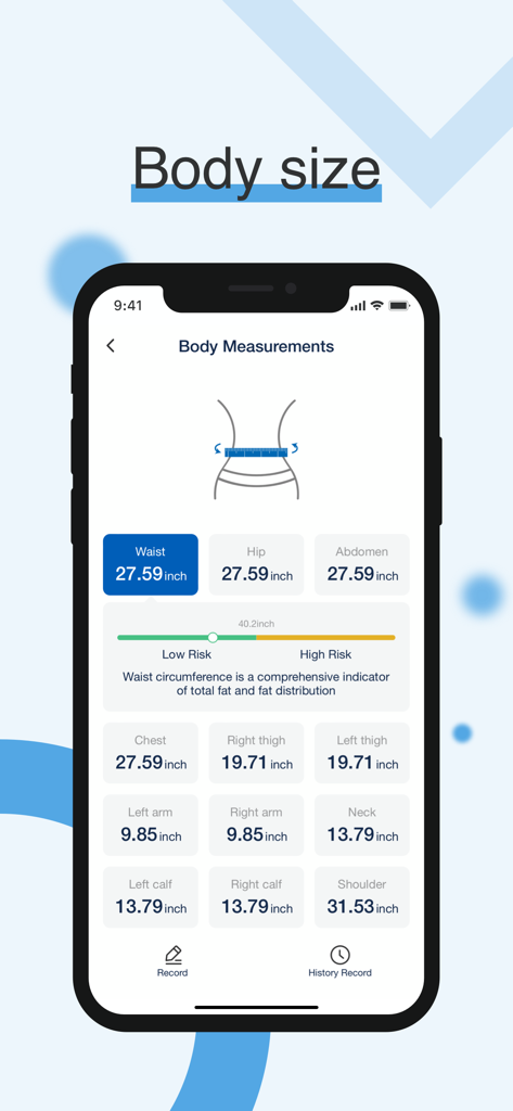 Fit Profile app body measurements screen showing waist and limb circumference data