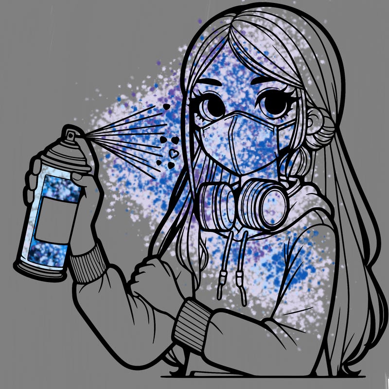 a girl wearing a mask, holding a can of spray paint with spray paint on her clothes and long hair
