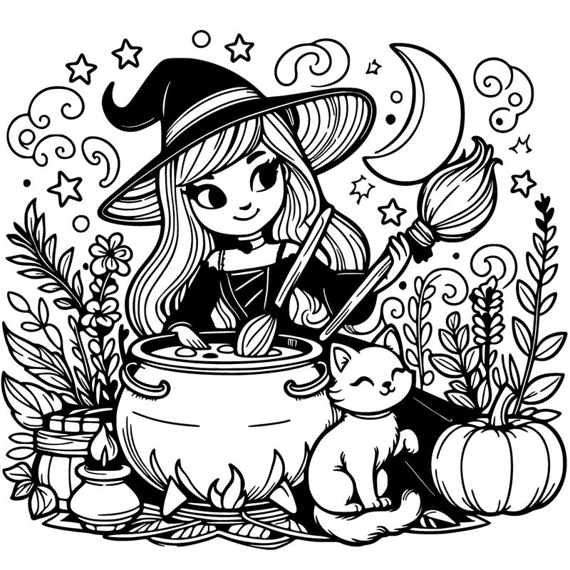 beautiful witch with cat and a cauldron