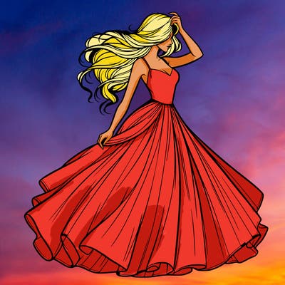 realistic woman with dress flowing in the wind