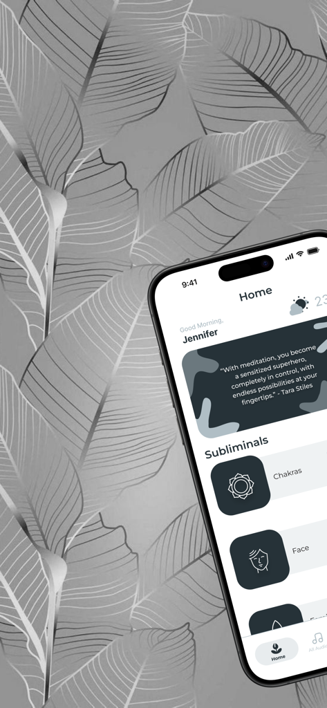 The home screen of the Sound and Soulful app featuring a meditation quote and a list of subliminal categories like Chakras and Face