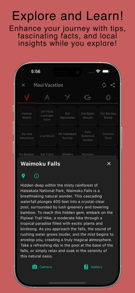 Vaygo Bingo - Travel Game - Vaygo Bingo app displaying a Maui vacation bingo card with a detailed pop up description about Waimoku Falls