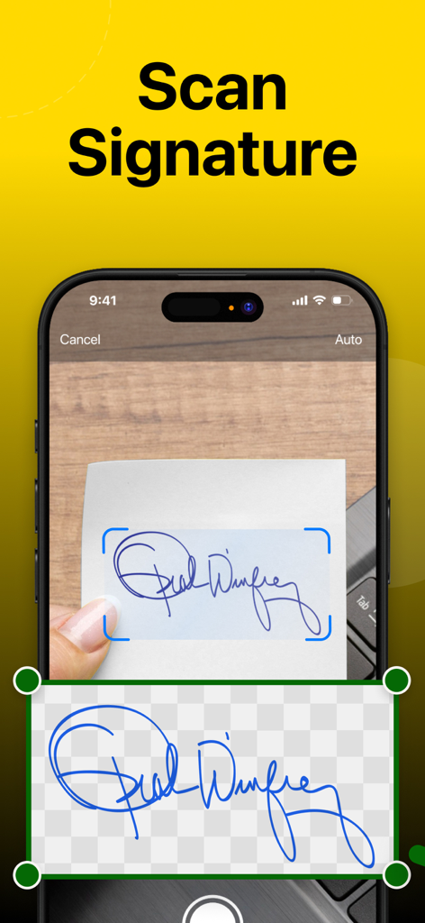 eSignature: Signature Scanner - Interfaz de una aplicación de iPhone mostrando el escaneo de una firma manuscrita real de un trozo de papel.