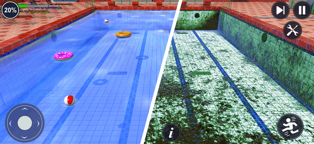 Swimming Pool Cleaning Games - Side-by-side comparison showing a dirty mossy pool and a clean blue swimming pool with toys