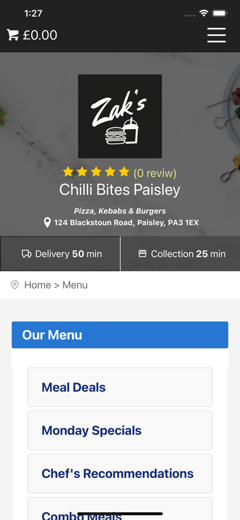 zaks - Zaks food ordering app menu for Chilli Bites Paisley featuring pizza kebabs and burgers