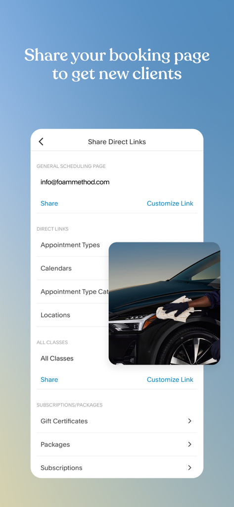 Acuity Scheduling - Acuity Scheduling app interface for sharing direct booking links for appointments and services.
