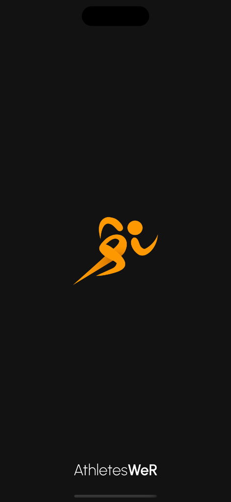 AthletesWeR app splash screen featuring an orange stylized runner logo on a black background