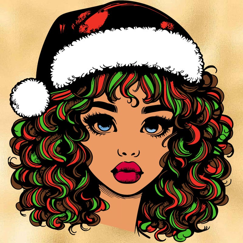 realistic girl with a santa hat curly hair and lips