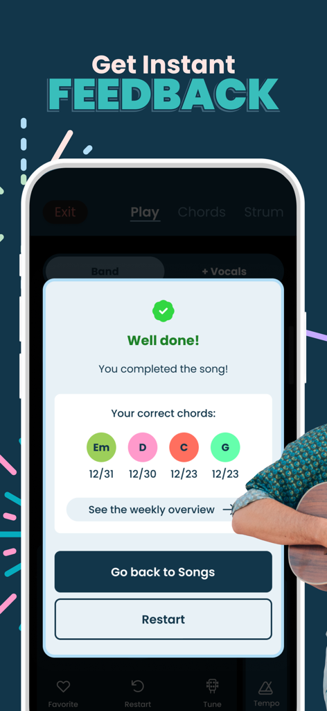 Kala ukulele app performance feedback screen showing song completion and color coded chord accuracy
