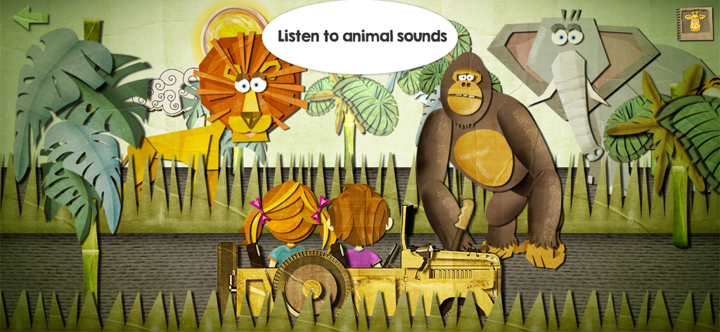 Beck and Bo - Toddler Puzzles - Beck and Bo en un jeep de safari rodeado de animales de la selva estilo cartón como un león, un gorila y un elefante.