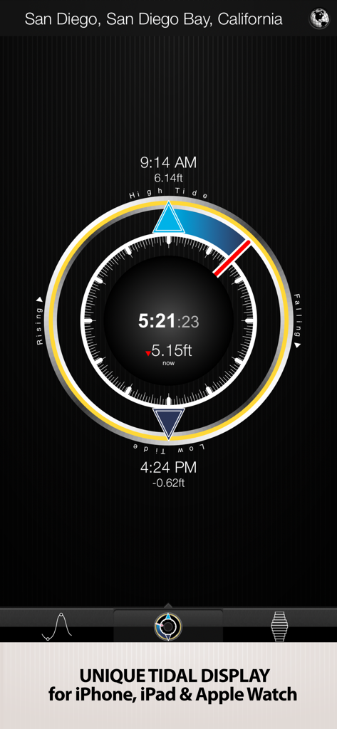 Tides PRO - Tide Times - Circular tidal watch interface showing real-time tide data and predictions for San Diego Bay