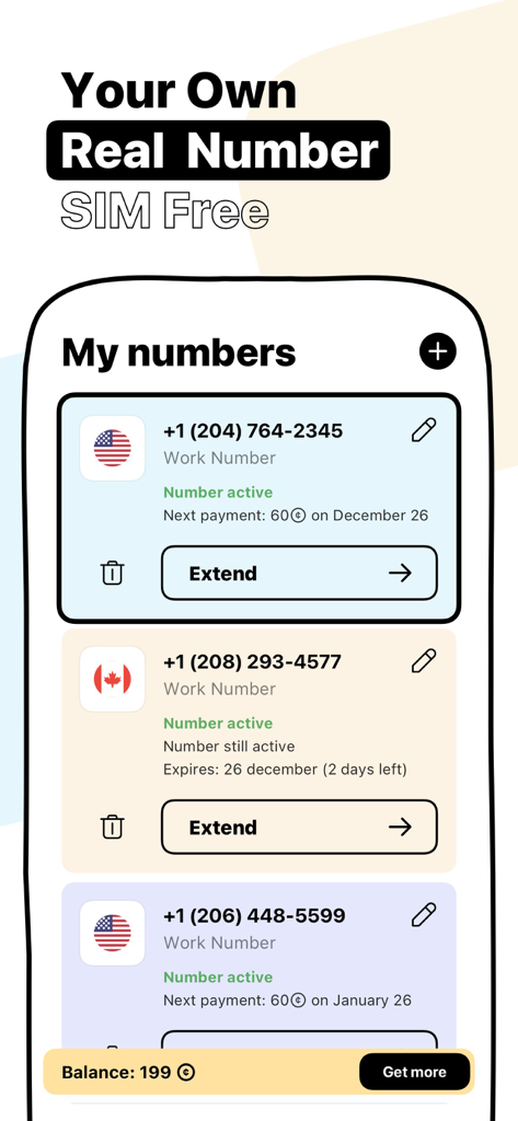 Text ON: Call Now Second Phone - Interfaz de la aplicación Text ON que muestra una lista de números de teléfono virtuales de EE. UU. y Canadá gestionados
