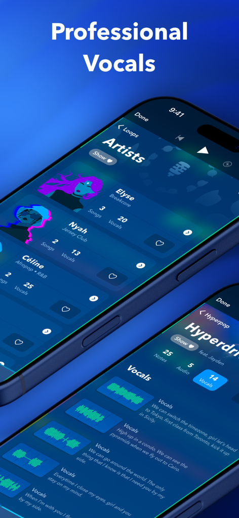 Interfaccia dell'app Medly che mostra un elenco di artisti professionisti e tracce vocali con forme d'onda per la produzione musicale.