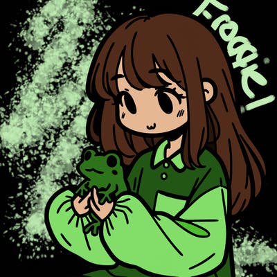 girl with long hair and a oversized shirt. and she is holding a frog