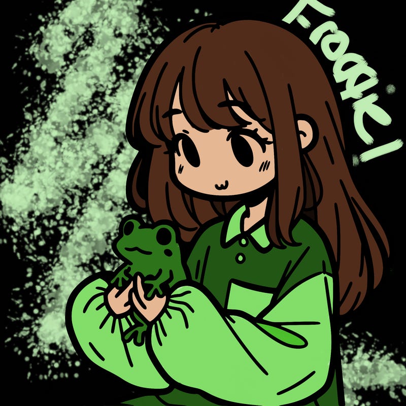 girl with long hair and a oversized shirt. and she is holding a frog