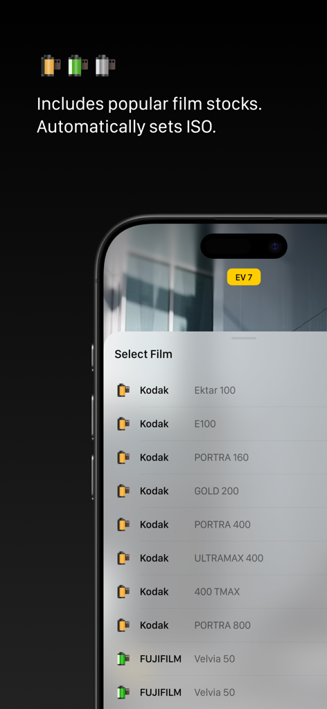 Light Meter - Film Exposure - Liste de pellicules populaires comme Kodak et Fujifilm dans l'application Light Meter pour le réglage automatique de l'ISO.