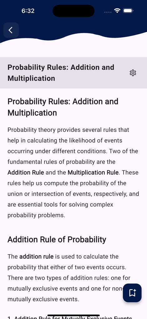 Learn Statistics [PRO] - Contenido educativo sobre reglas de probabilidad, suma y multiplicación dentro de la aplicación Learn Statistics PRO