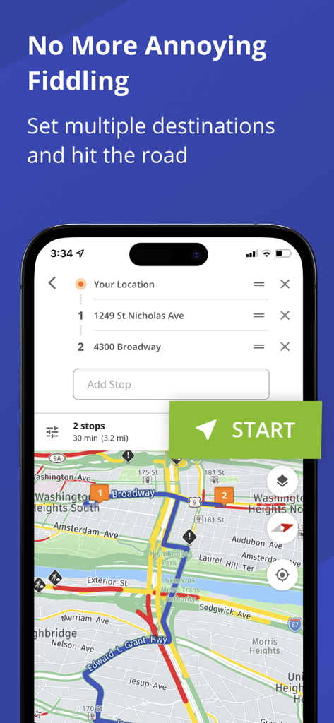 Oberfläche der Route4Trucks-App mit einem Routenplaner für mehrere Stopps, einer Karte und einer Adressliste.