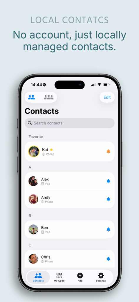 PingPair - Interfaz de la aplicación PingPair que muestra una lista de contactos gestionados localmente sin cuentas de usuario