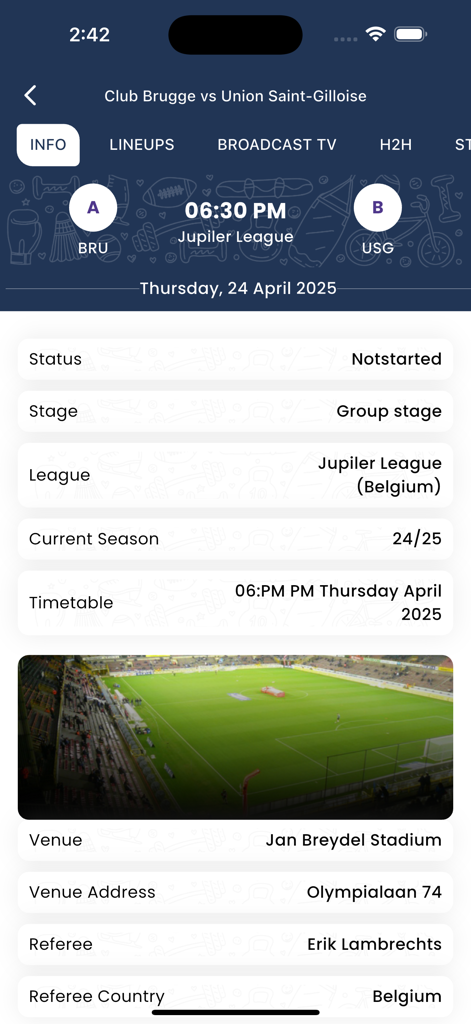 Tudo Football app screen showing match information for Club Brugge vs Union Saint-Gilloise including venue and referee details