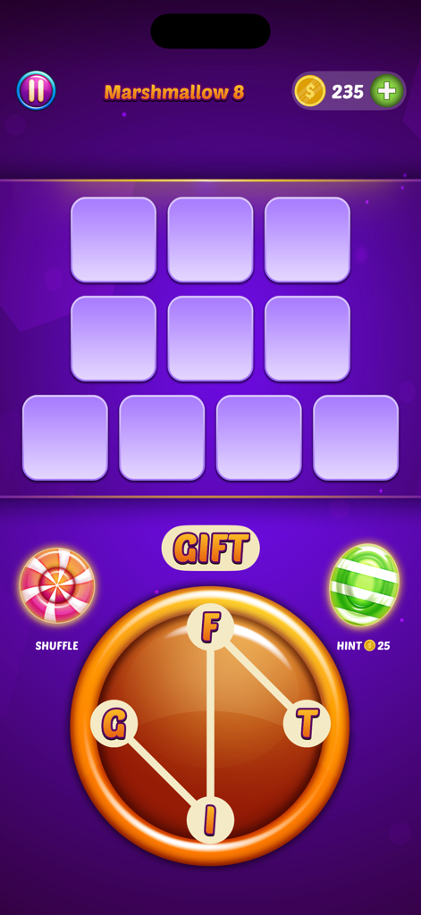 A gameplay screenshot of Word Candy showing a letter circle where the letters G I F T are connected to form a word.