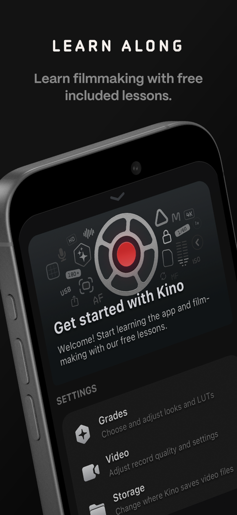 Kino app onboarding screen featuring free filmmaking lessons and camera settings