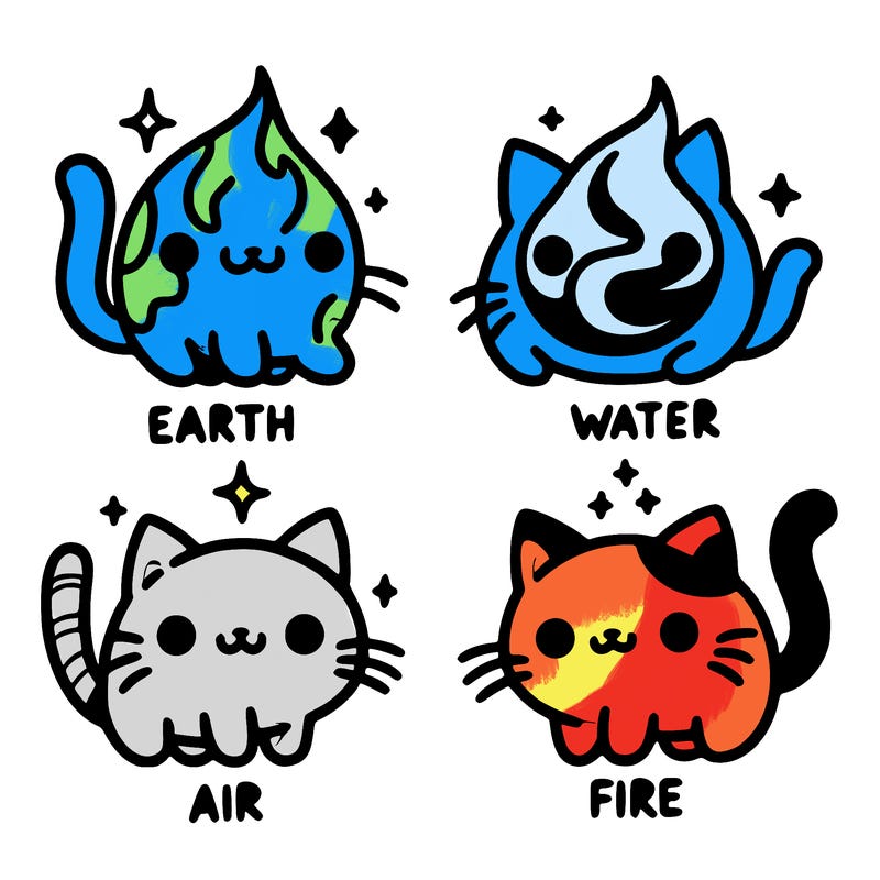 4 cats that represent the different elements, earth, water, air, and fire