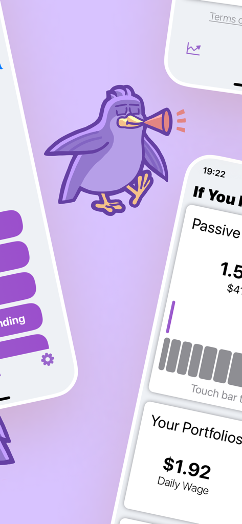 Savee - Plan For The Future - Savee financial planning app interface with a purple bird mascot and portfolio dashboard
