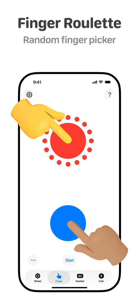 Tiny Decisionsアプリ内のフィンガールーレットのランダム指選択機能を示すスマートフォンの画面。