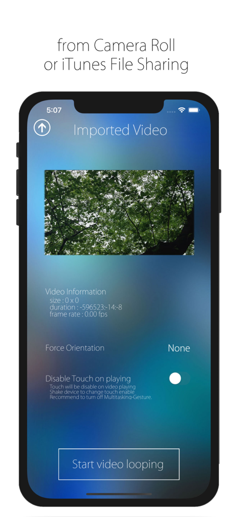 Infinite Loop Player Pro - Interfaccia per importare e configurare un loop video infinito dalla libreria multimediale o dalla condivisione file di iTunes.