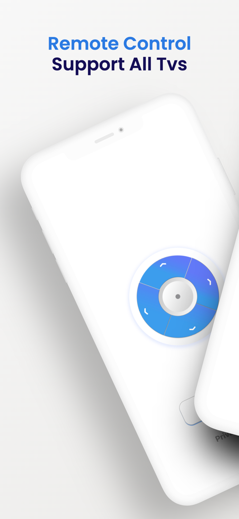 All TV Remote Control - Wifi - Um smartphone exibindo uma interface de controle remoto universal para TV com uma roda de navegação azul