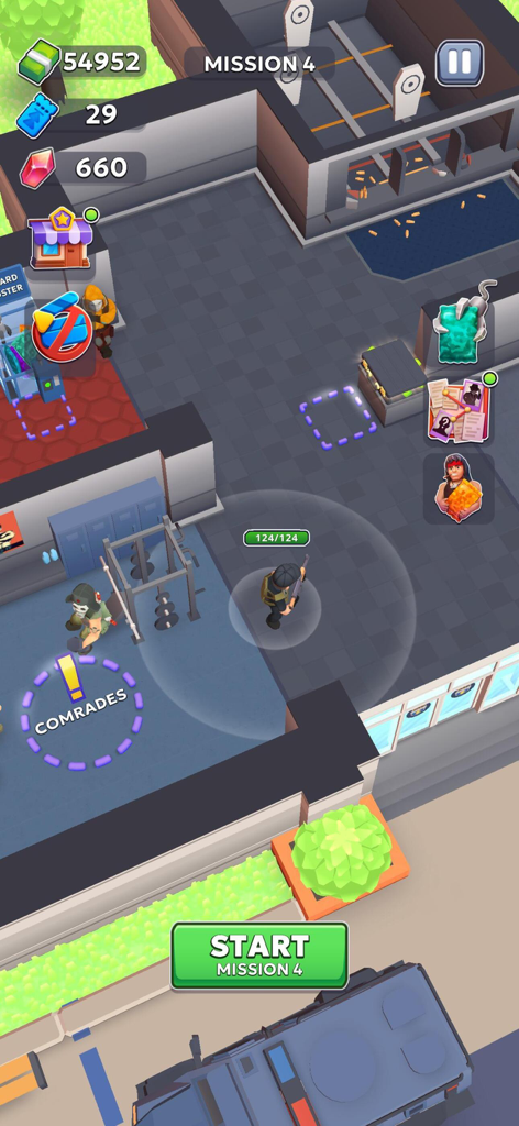 SWAT 2: Hero Squad - Vista dall'alto di un personaggio SWAT in una base tattica con un pulsante di avvio missione