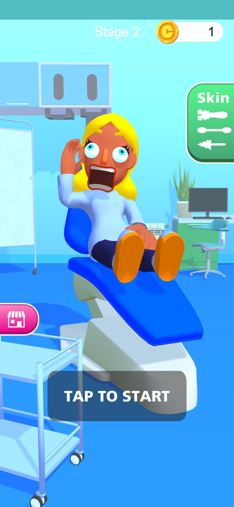 A cartoon patient sitting in a medical chair in the Earwax Clinic game