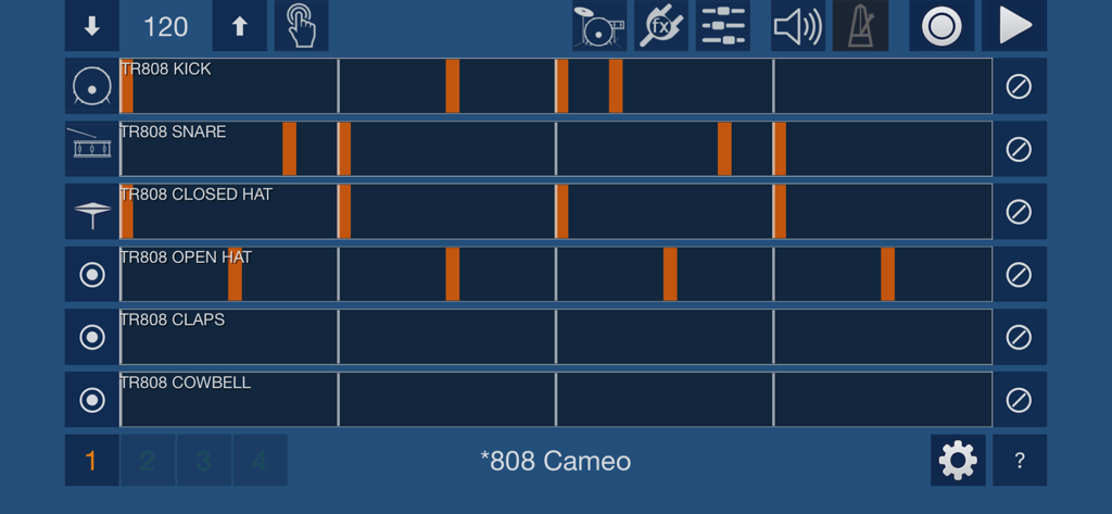 VoxBeat drums and looper - VoxBeat app interface showing a multi track drum sequencer with TR 808 sounds