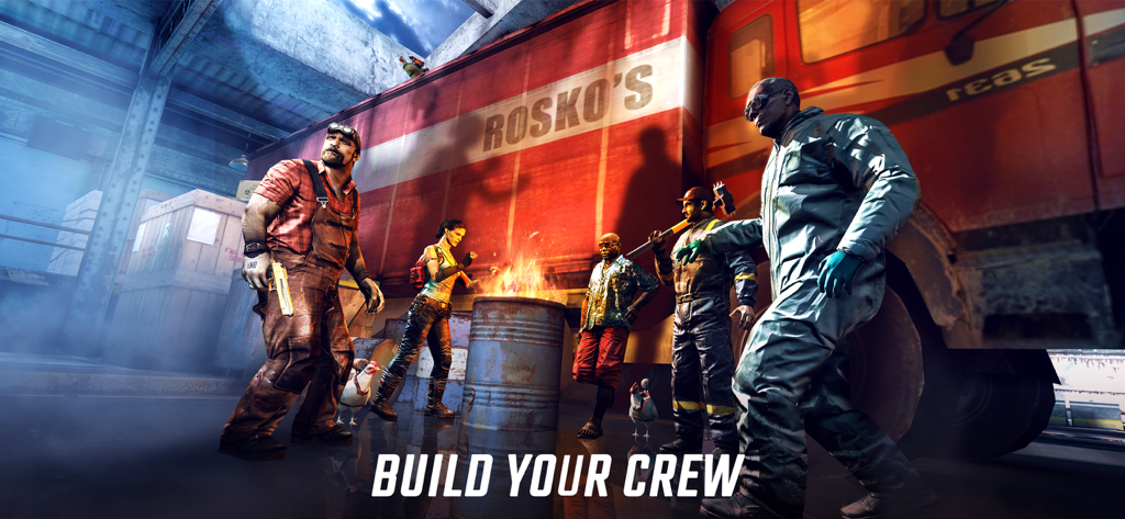 DEAD TRIGGER 2: Zombie Games - Un grupo de personajes supervivientes de pie junto a un camión rojo y un barril de fuego en Dead Trigger 2 con el texto forma tu equipo