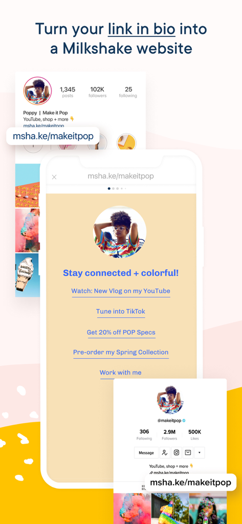 Milkshake app interface illustrating how to transform a link in bio into a custom mobile website
